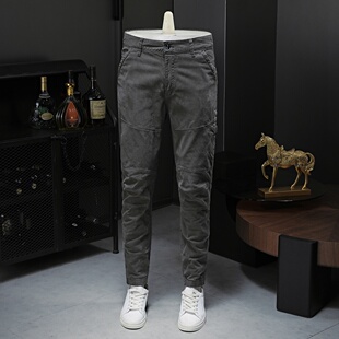 美式复古加绒工装裤子男秋冬款宽松中灰色休闲裤男秋冬束脚裤修身