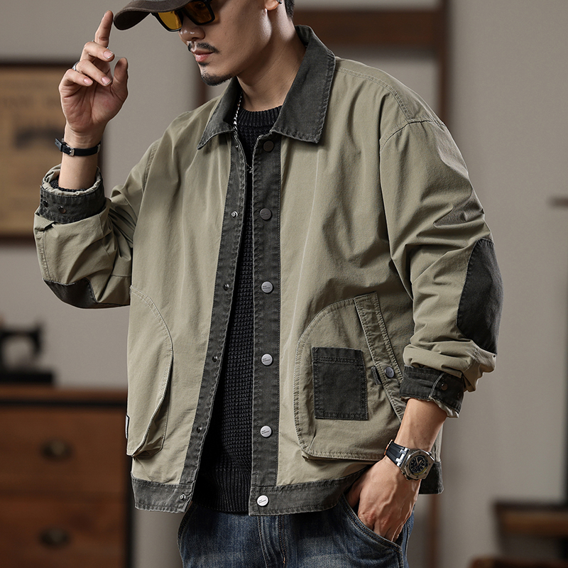 美式复古工装夹克男士翻领外套秋冬时尚帅气上衣撞色教练装