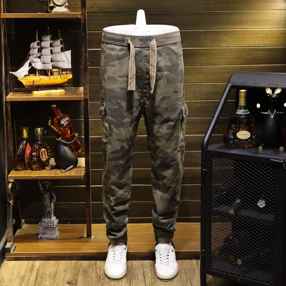 迷彩系带工装户外牛仔休闲裤秋冬