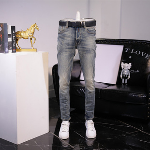 春秋复古高端牛仔裤男怀旧时尚弹力修身小脚长裤男乱刮痕复古2026