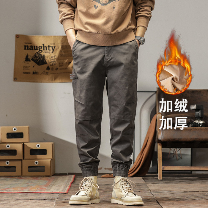 加绒加厚保暖新款修型小脚休闲锥型束脚裤九分工装裤哈伦运动裤男