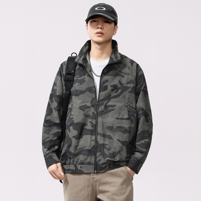 美式复古迷彩短款工装外套男秋冬季潮牌宽松立领休闲夹克