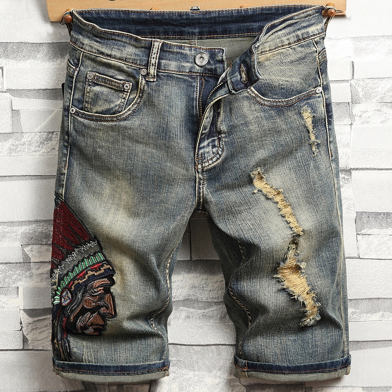 夏季薄款破洞弹力牛仔短裤男印第安人刺绣复古五分裤个性5分中裤