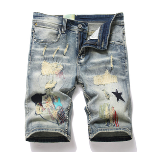 夏季 设计感高街五分裤 薄款 直筒个性 修身 2025年破洞补丁牛仔短裤