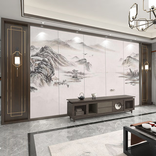现代新中式壁画硬包山水水墨背景墙软包电视沙发床头客厅轻奢装饰