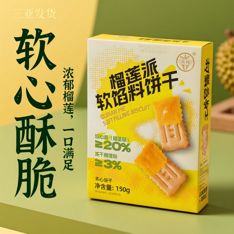 兴科榴莲派软馅料饼干150克*5盒独立小包装双层夹心饼干网红零食