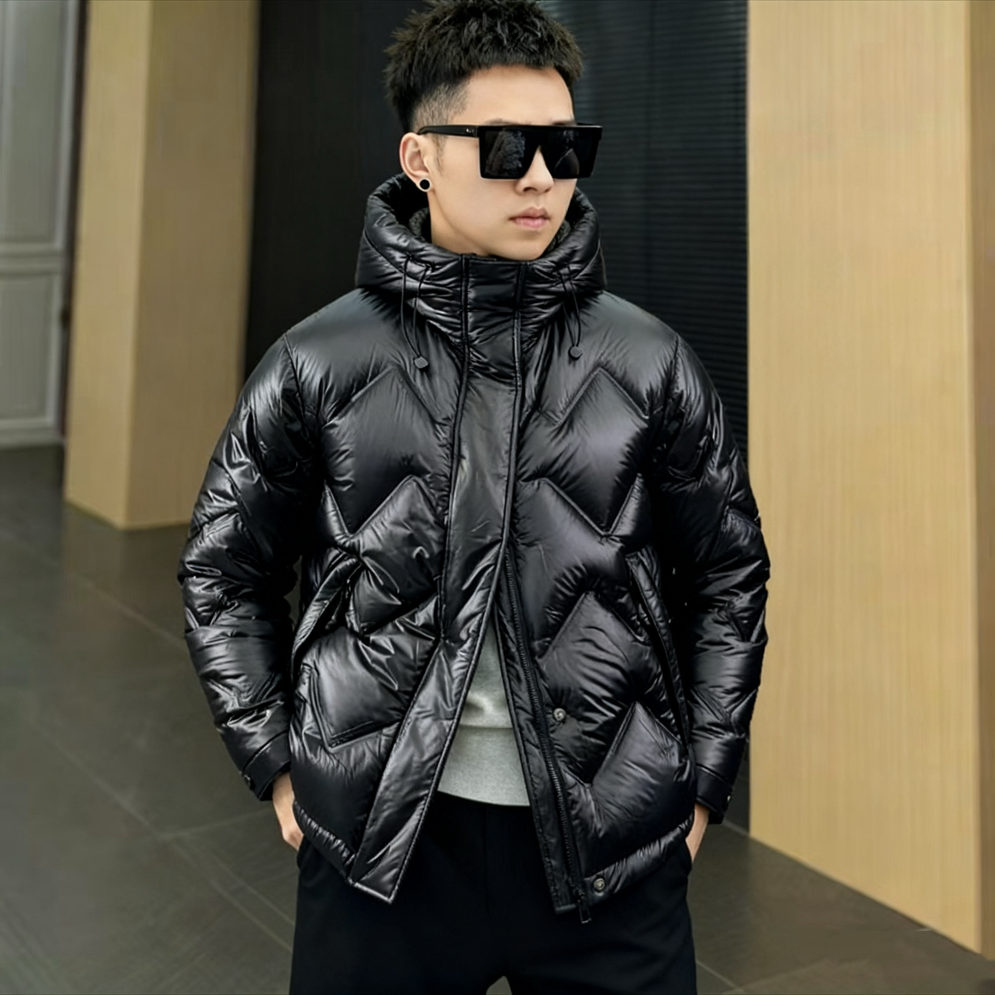 2025冬季新品连帽羽绒服外套男欧货高端压花修身简约休闲90白鸭绒