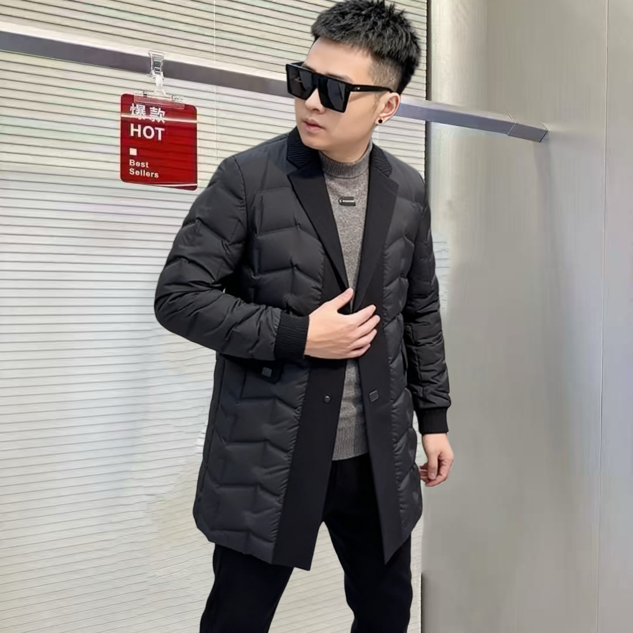 2025冬季新品中长款羽绒服男欧货高端针织领修身时尚休闲90白鸭绒