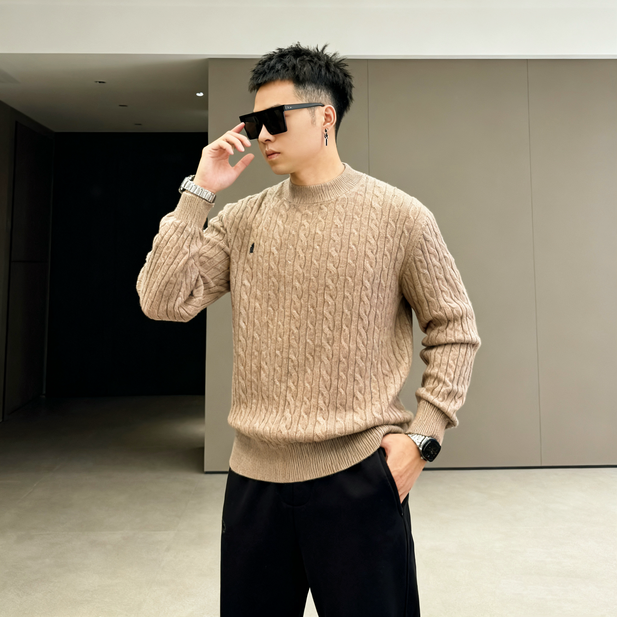 2025冬季新品针织羊绒衫长袖毛衣欧货高端马球刺绣麻花节修身休闲