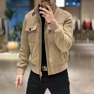 2025冬季新品鹿皮绒羽绒服夹克欧货高端修身休闲真皮拼接90白鹅绒