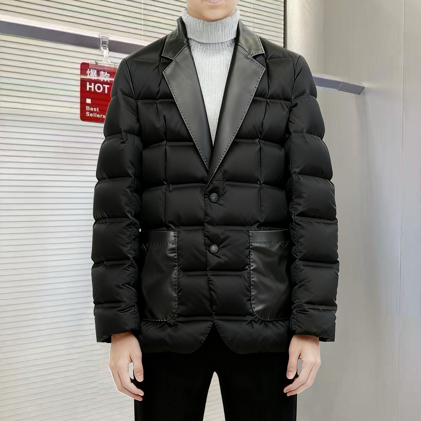 2025冬季新品西装款羽绒服外套男欧货高端绵羊皮拼接修身时尚休闲