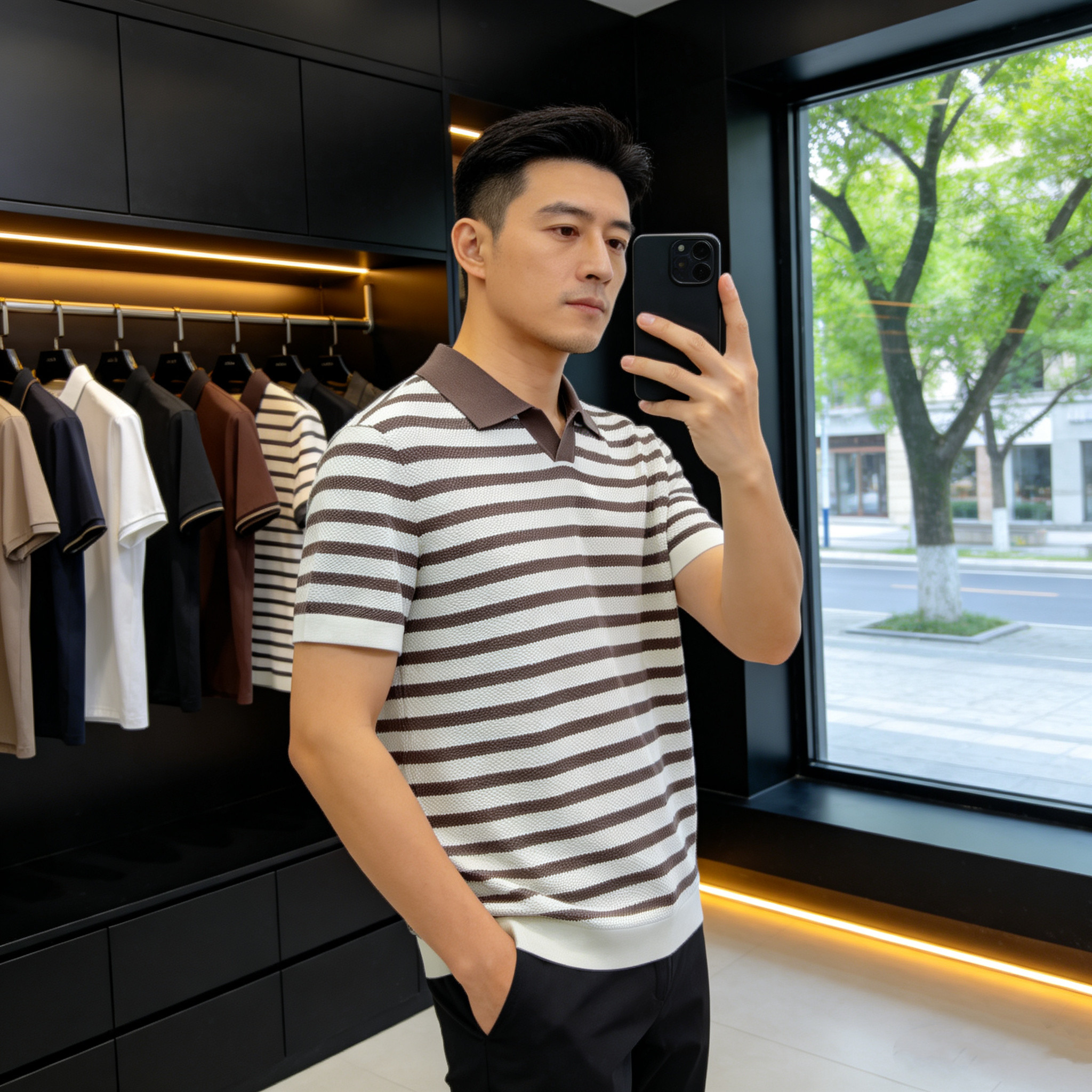 2026夏季新品剪刀领短袖Polo衫欧货高端伊力特菠萝针条纹修身时尚
