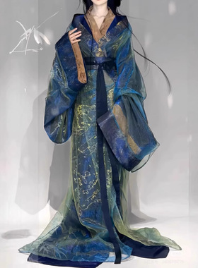 蓝色炫彩织金战国新款绝美汉服古装拖尾直马山复原超大放量