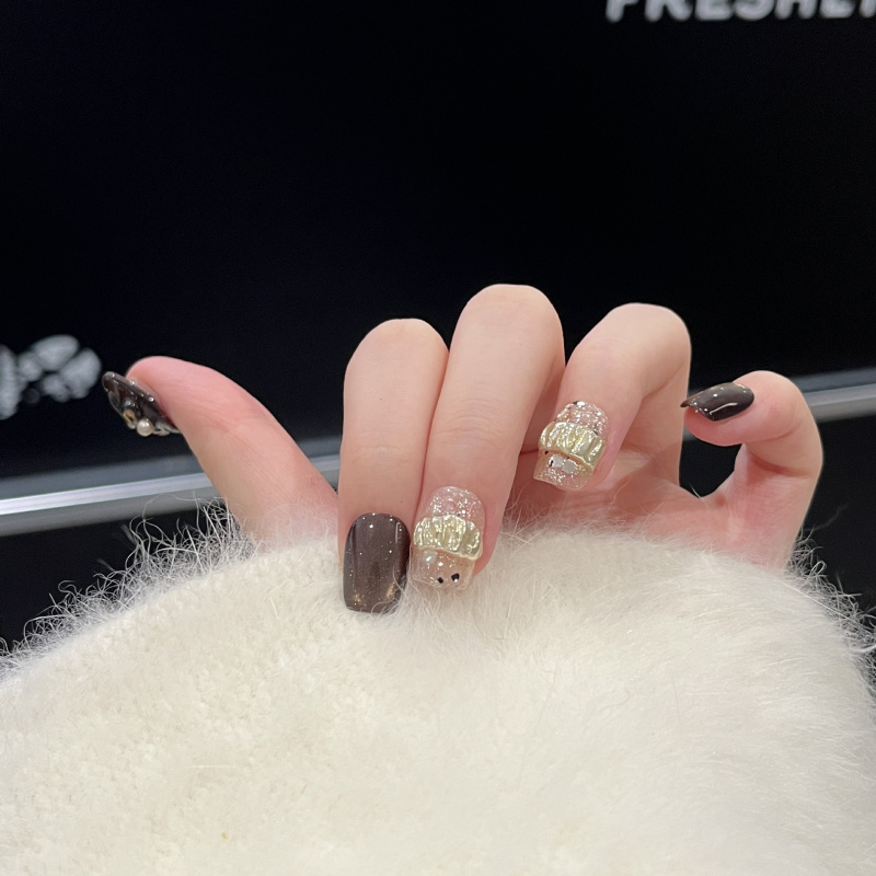 【金棕花】焦糖色玻璃珠猫眼美甲亮片捏捏雕花短款穿戴甲纯手工