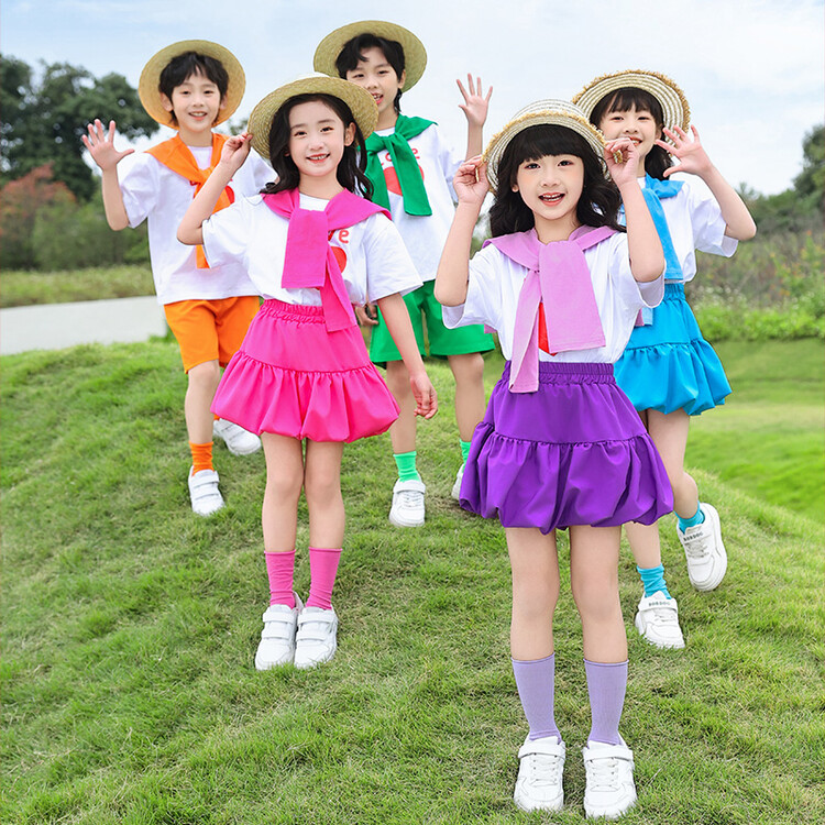 儿童表演服彩色夏季短袖T恤小学毕业照团体班服幼儿园舞蹈演出服