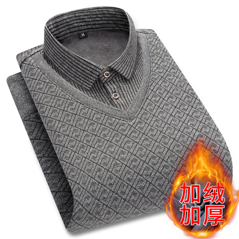 秋冬季加绒加厚中老年毛衣爸爸假两件百搭男长袖衬衫针织衫打底衫