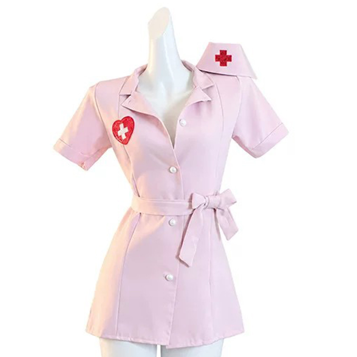 甜美火辣大码短袖立领系带超短开衫大码护士夫妻床上cosplay制服