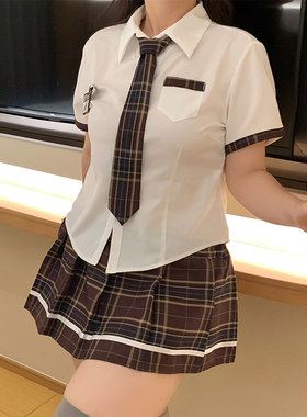 cos学院风套装短袖翻领衬衫夏透气领带学妹加肥加大码性感高级潮