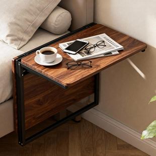 床边置物架卧室床头可折叠托板床上零食收纳架悬空挂架实木层板架