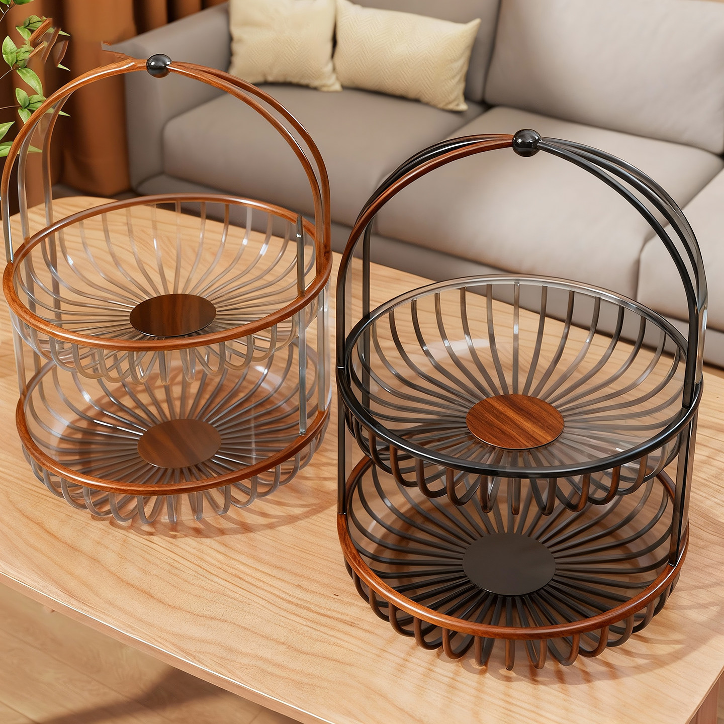 果盘客厅桌面水果收纳盘茶几透明干果零食分层整理盘手提式瓜果篮