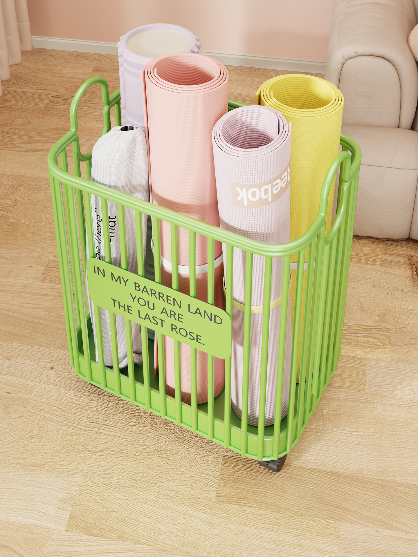 瑜伽垫储物篮家用地板站立式轮式储物篮运动和健身器材泡沫滚轮储