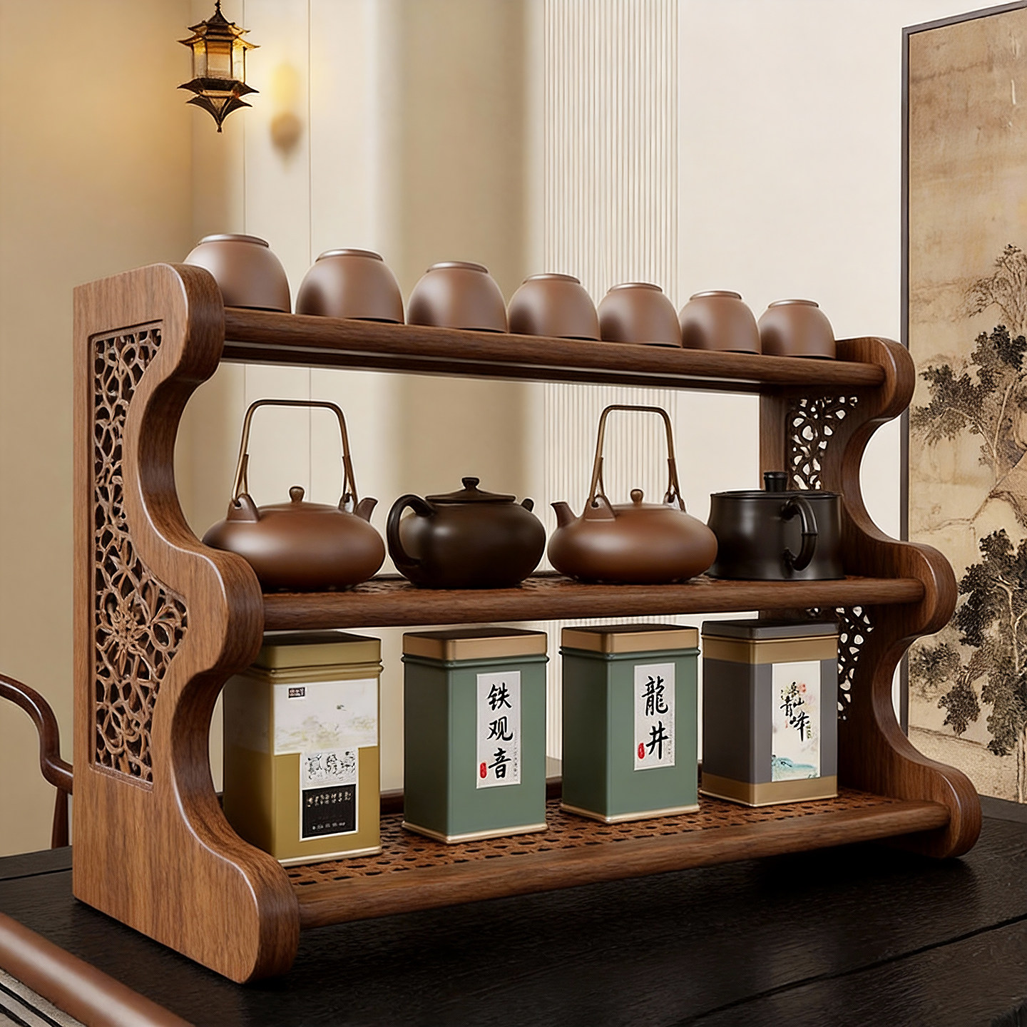 实木桌面博古架沥水茶具茶杯收纳架中式紫砂壶展示架茶台装饰摆件,住宅家具,多宝格/博古架,淘宝优惠券,粉丝福利购,淘宝优惠卷