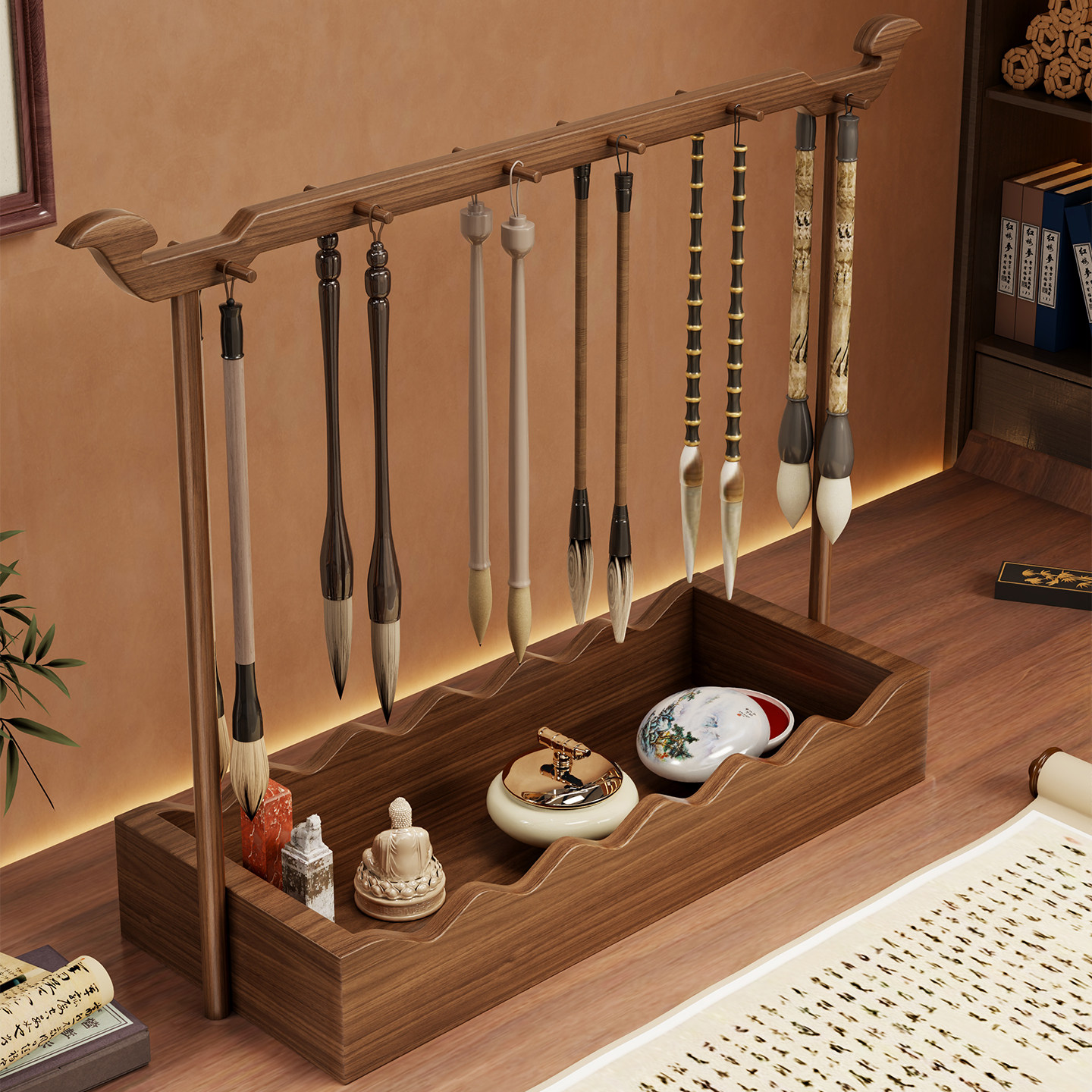 毛笔笔挂书房桌面学生初学者练字收纳挂架文房四宝整理托盒创意搁笔架