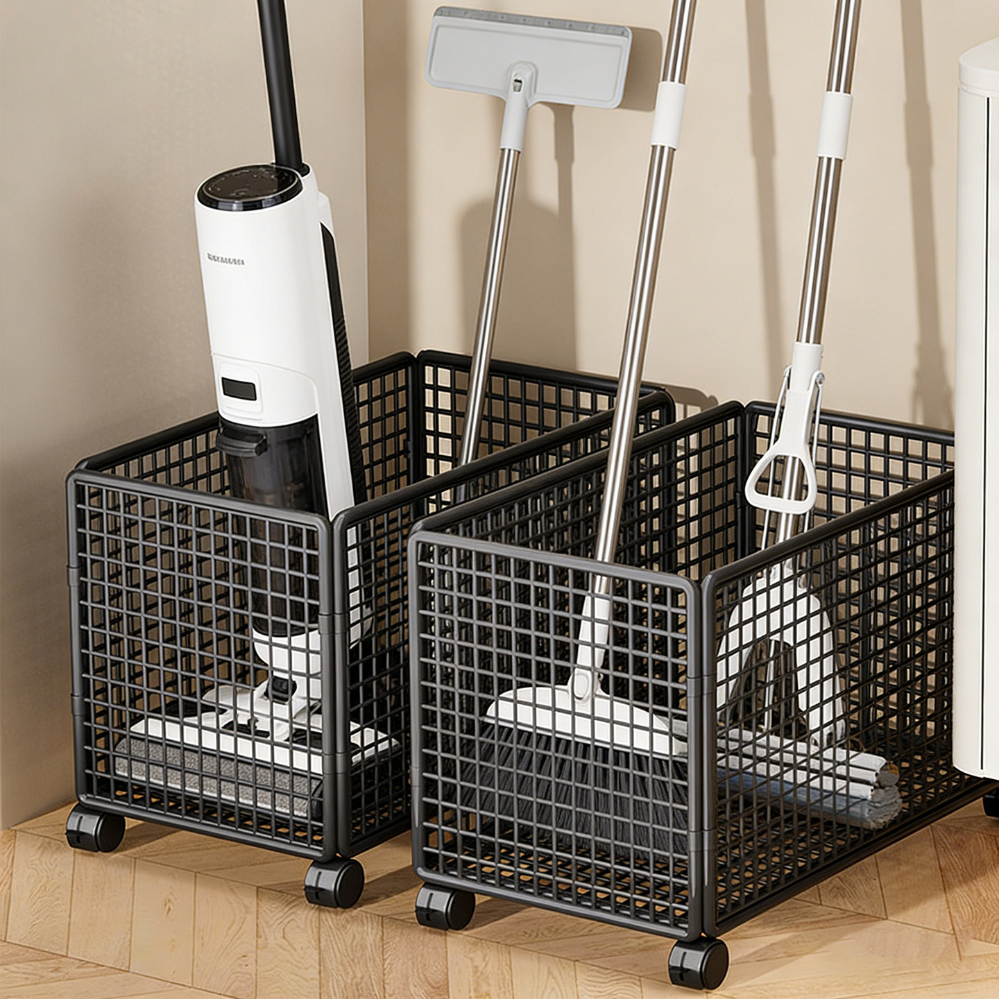 可移动家庭清洁工具收纳筐大容量拖把扫把置物篮客厅吸尘器置物篮,收纳整理,运动器材收纳用具,淘宝优惠券,粉丝福利购,淘宝优惠卷