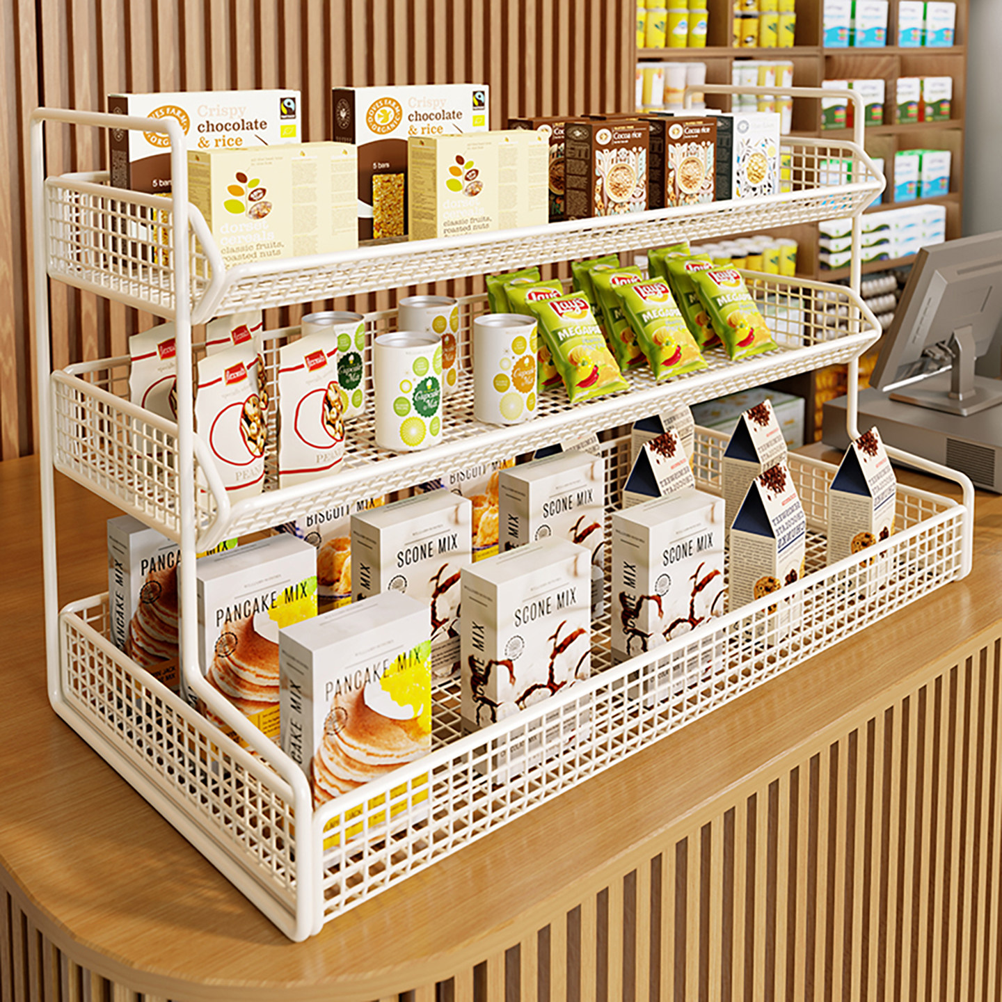 超市便利店收银台旁小型货架口香糖香烟饼干展示架多层零食储物架