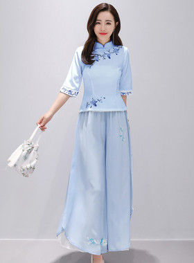 中式日常旗袍2025新款夏季古风套装裤裙女中国风汉服改良版连衣裙