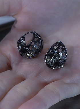 黑色锆石时尚花篮耳扣女小众个性高级感轻奢耳环2025网红爆款耳饰