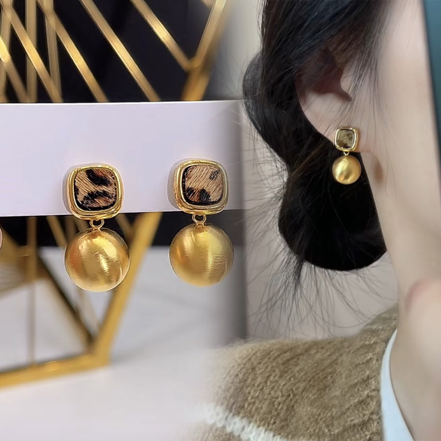 豹纹方形银针耳钉金色圆珠拉丝耳坠秋冬新款时尚气质精致百搭耳环