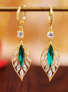 2025新款潮闪耀锆石绿色叶子日常百搭耳扣轻奢高级时尚气质耳环女