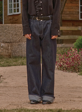 TAM TUAS 新月 原牛直筒花卉贴布翻折牛仔裤