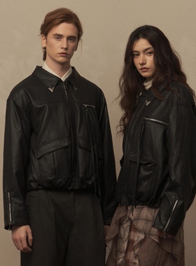 TAM TUAS【摩纳哥】金属丝皮革廓形复古老钱boxy抽绳口袋皮衣夹克