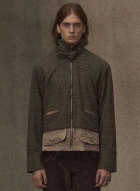 TAM TUAS【星环】意大利粗花纱格纹羊毛植绒蕾丝拼接立领夹克外套