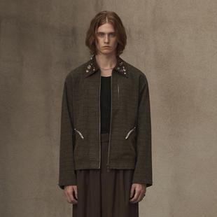 马场格纹灯芯绒拼领星辰纽扣雕花零钱扣羊毛夹克 秘境 TAM TUAS