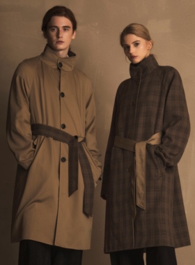 TAM TUAS【大都会】日本进口真丝双面穿三防苏格兰格纹哈灵顿风衣