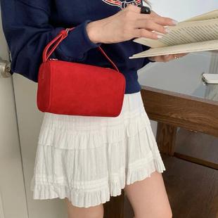 早春百搭休闲简约小众笔筒包90s麂皮牛皮简约高级手拎单肩斜挎包