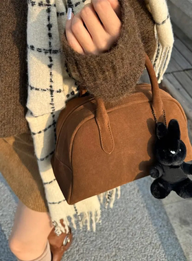 韩国小众nothingwritten麂皮保龄球包手提包复古高尔夫包纯牛皮包