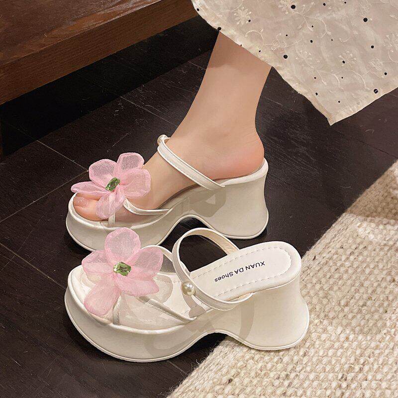 仙女风甜美花朵9CM高跟鞋女夏季舒适轻便坡跟一字拖时尚百搭凉鞋