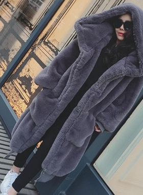 Autumn winter imitations otter rabbit fur long hoode coat