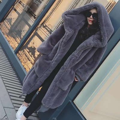 Autumn winter imitations otter rabbit fur long hoode coat