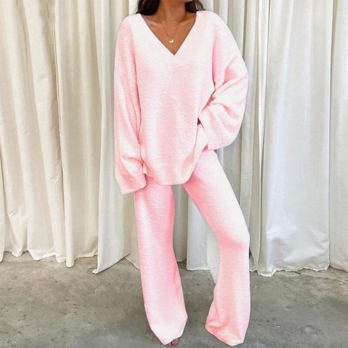2pcs women's Winter V-neck Leisure Home Warm shirt pants Set