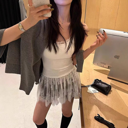Sexy lace lace bottom camisole vest for women's vest skirt