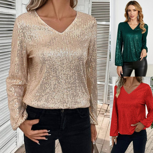 Women's loose long sleeved V-neck sequined top shirt