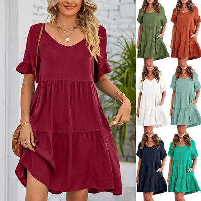 Summer casual V-neck three-layer dress, spring 2023 women's