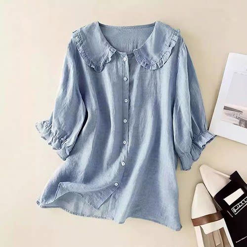 New loose mid sleeved shirt women's collar top, cotton shirt