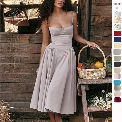 Summer women's retro long dress, palace suspender dress