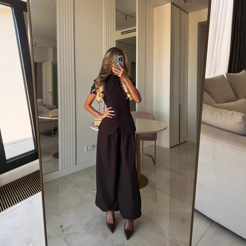 women's Girl like short sleeved suit  wide leg pants set